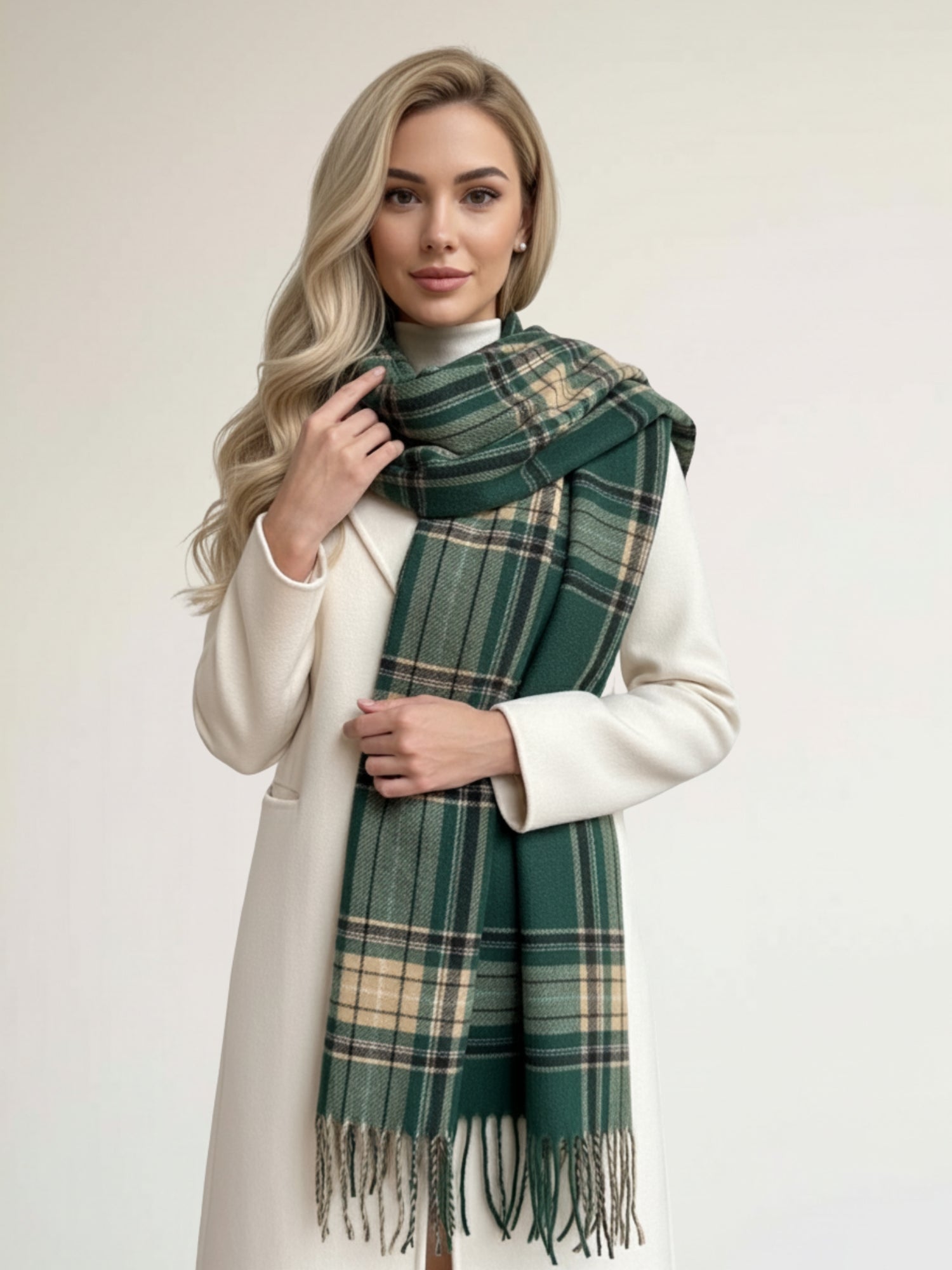 LONG GREEN CASHMERE BLEND CHECKED TARTAN SCARF