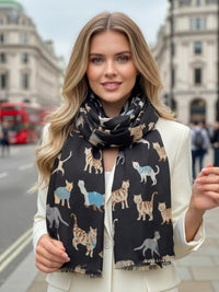 LIGHTWEIGHT BLACK SCARF WITH CATS - A-SHU.CO.UK