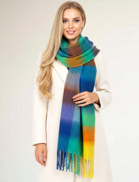 BLUE YELLOW CHECKED WOOL RAINBOW BLANKET SCARF OVERSIZED WINTER SHAWL WRAP