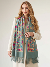 LARGE PASTEL GREEN FLOWER PRINT CASHMERE COTTON BLEND WINTER SHAWL BLANKET SCARF