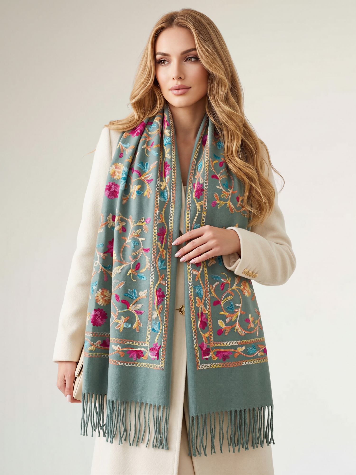 LARGE PASTEL GREEN FLOWER PRINT CASHMERE COTTON BLEND WINTER SHAWL BLANKET SCARF