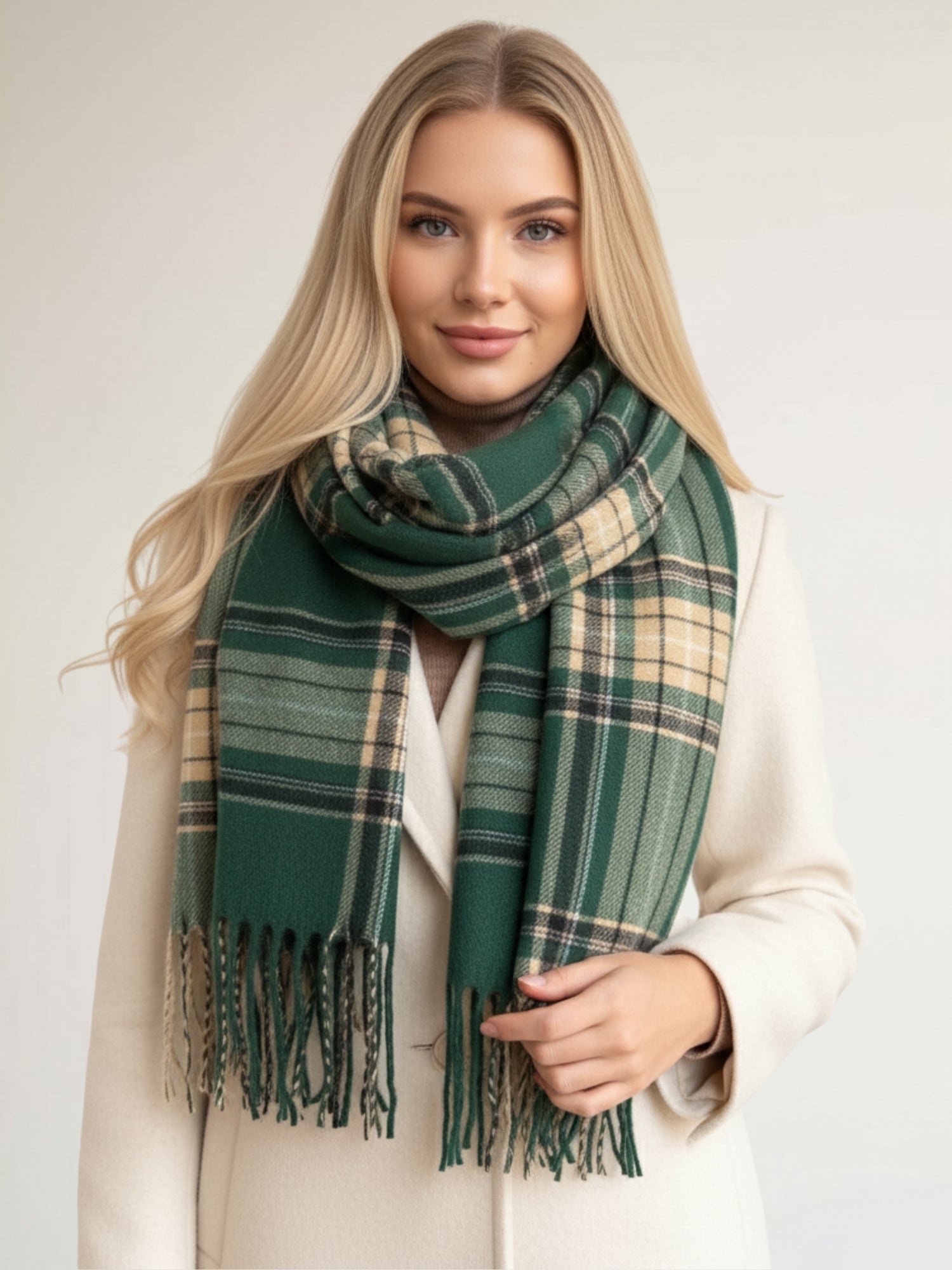LONG GREEN CASHMERE BLEND CHECKED TARTAN SCARF