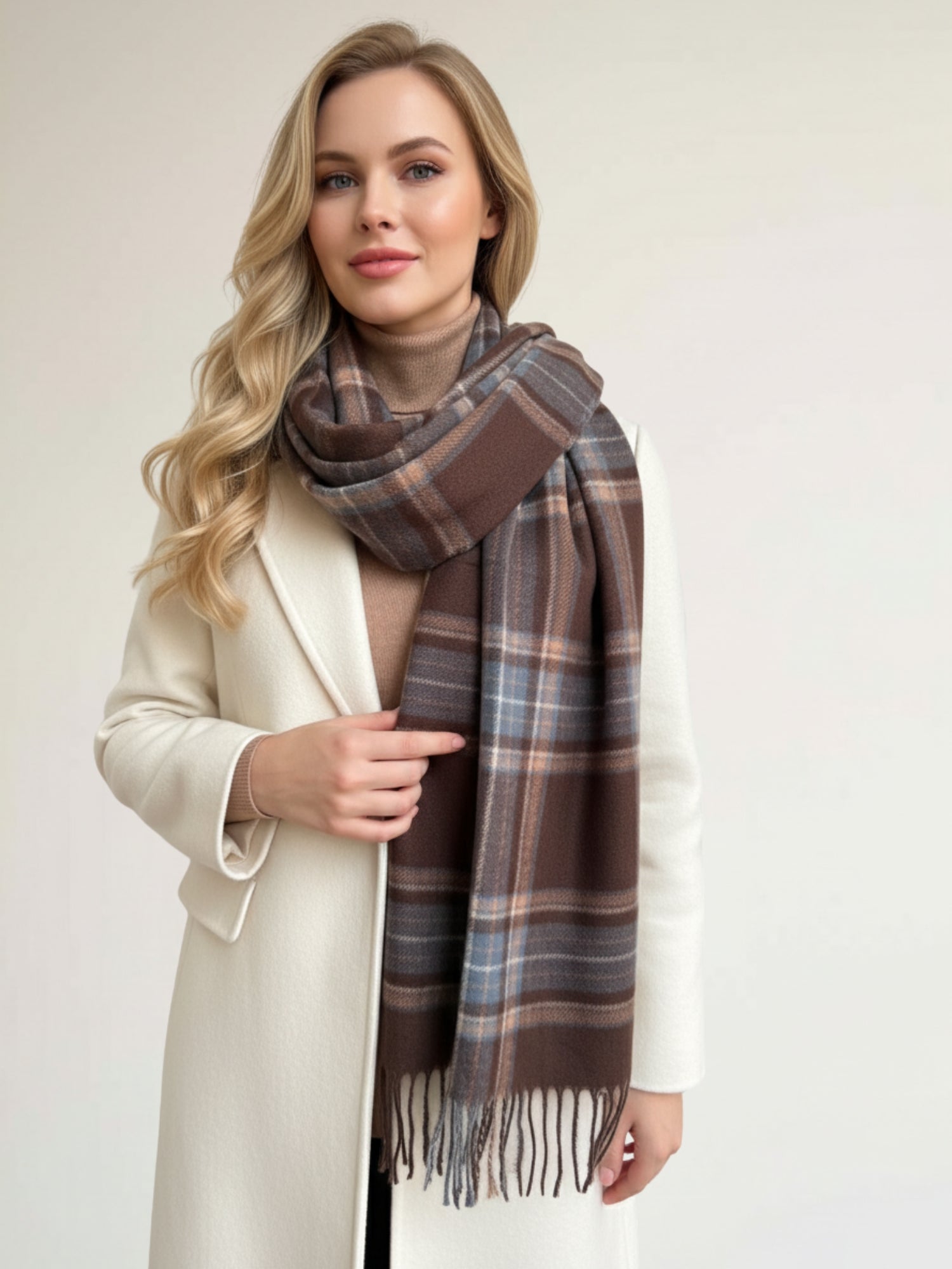 LONG BROWN CASHMERE BLEND CHECKED TARTAN SCARF
