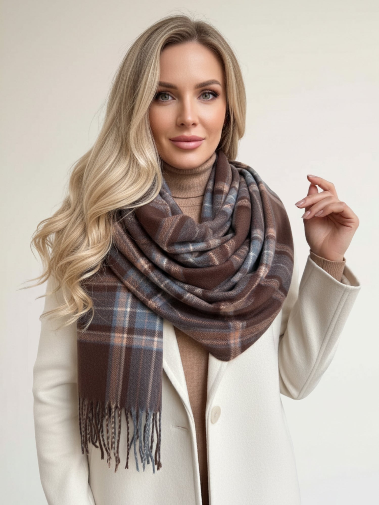 LONG BROWN CASHMERE BLEND CHECKED TARTAN SCARF