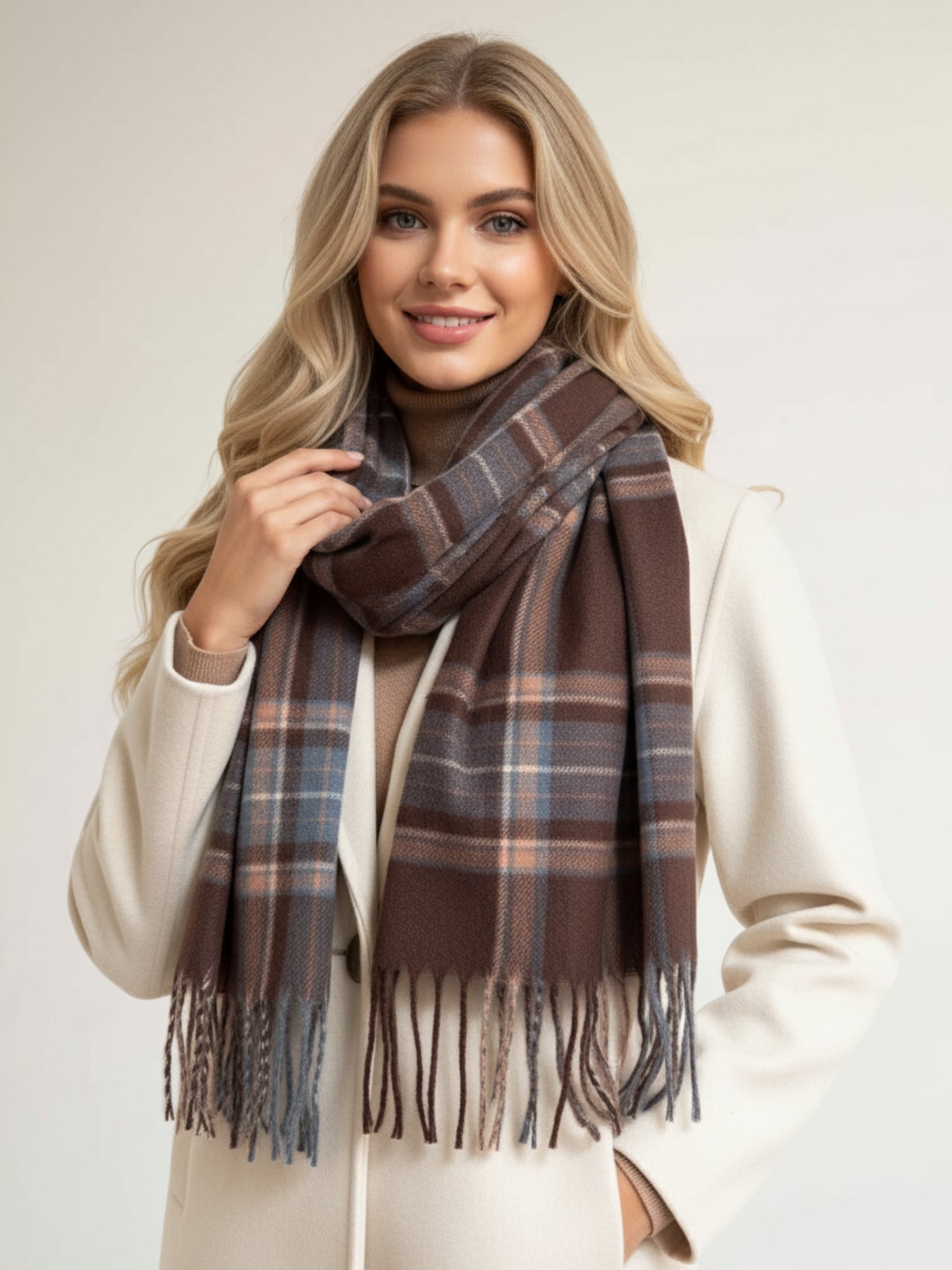 LONG BROWN CASHMERE BLEND CHECKED TARTAN SCARF