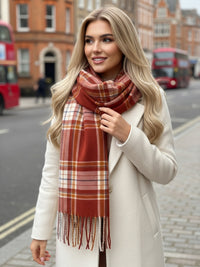 LONG RUST CASHMERE BLEND CHECKED TARTAN SCARF