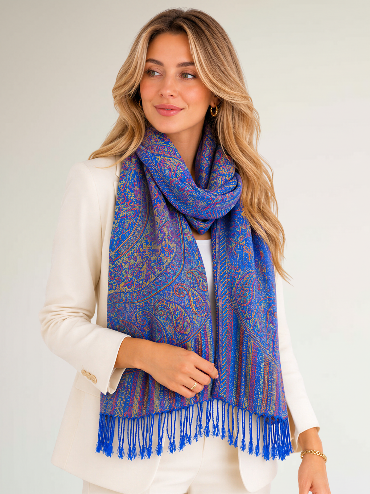 LARGE ROYAL BLUE MULTI COLOUR PAISLEY PASHMINA SHAWL SCARF WRAP - A-SHU.CO.UK