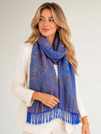 LARGE ROYAL BLUE MULTI COLOUR PAISLEY PASHMINA SHAWL SCARF WRAP - A-SHU.CO.UK