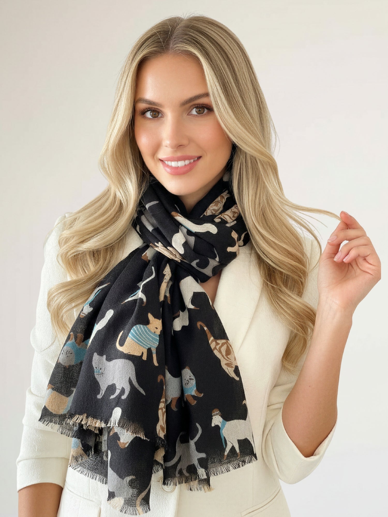 LIGHTWEIGHT BLACK SCARF WITH CATS - A-SHU.CO.UK