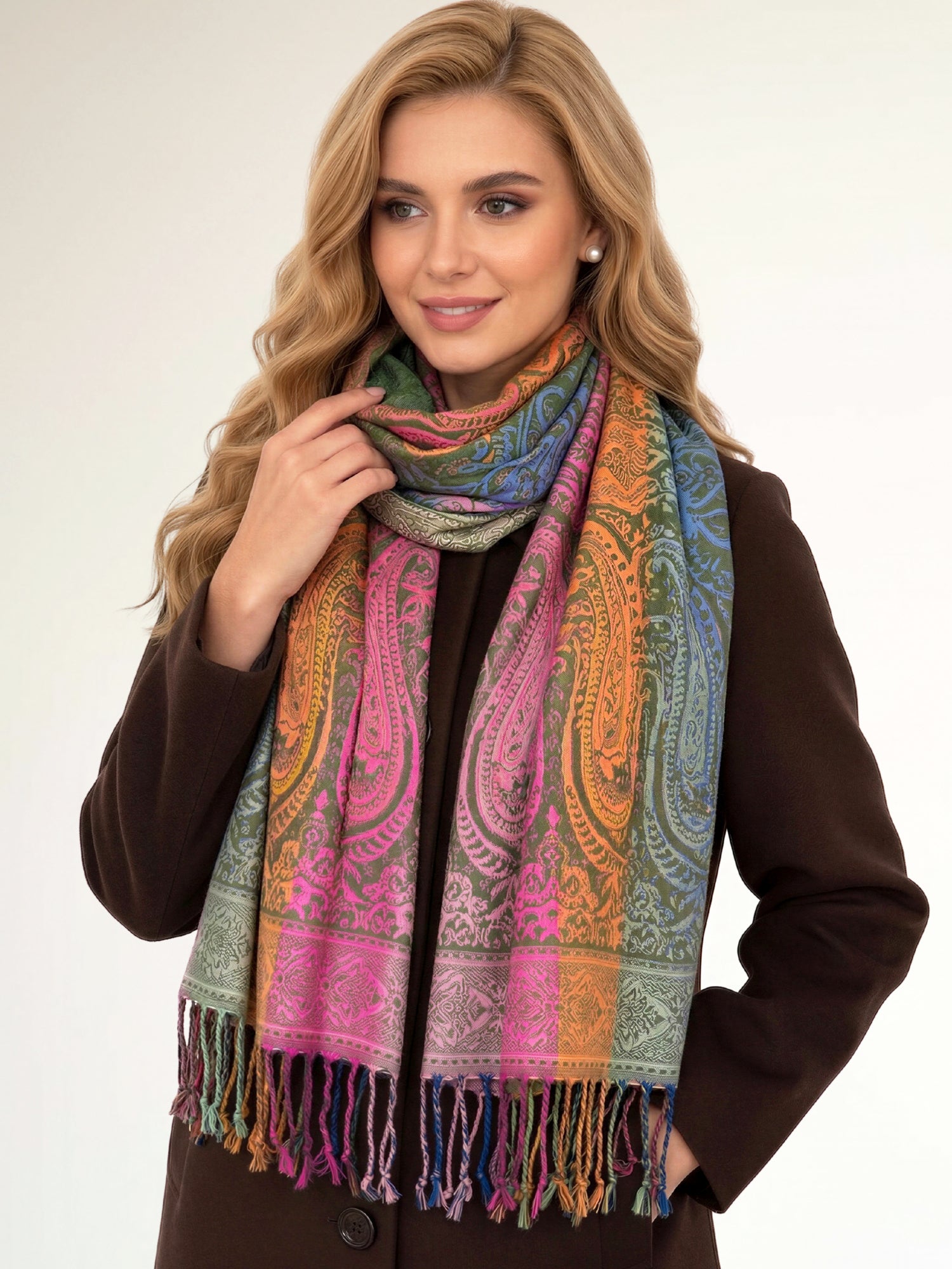 LARGE GREEN RAINBOW MULTI COLOUR PAISLEY PRINT PASHMINA SHAWL SCARF - A-SHU.CO.UK