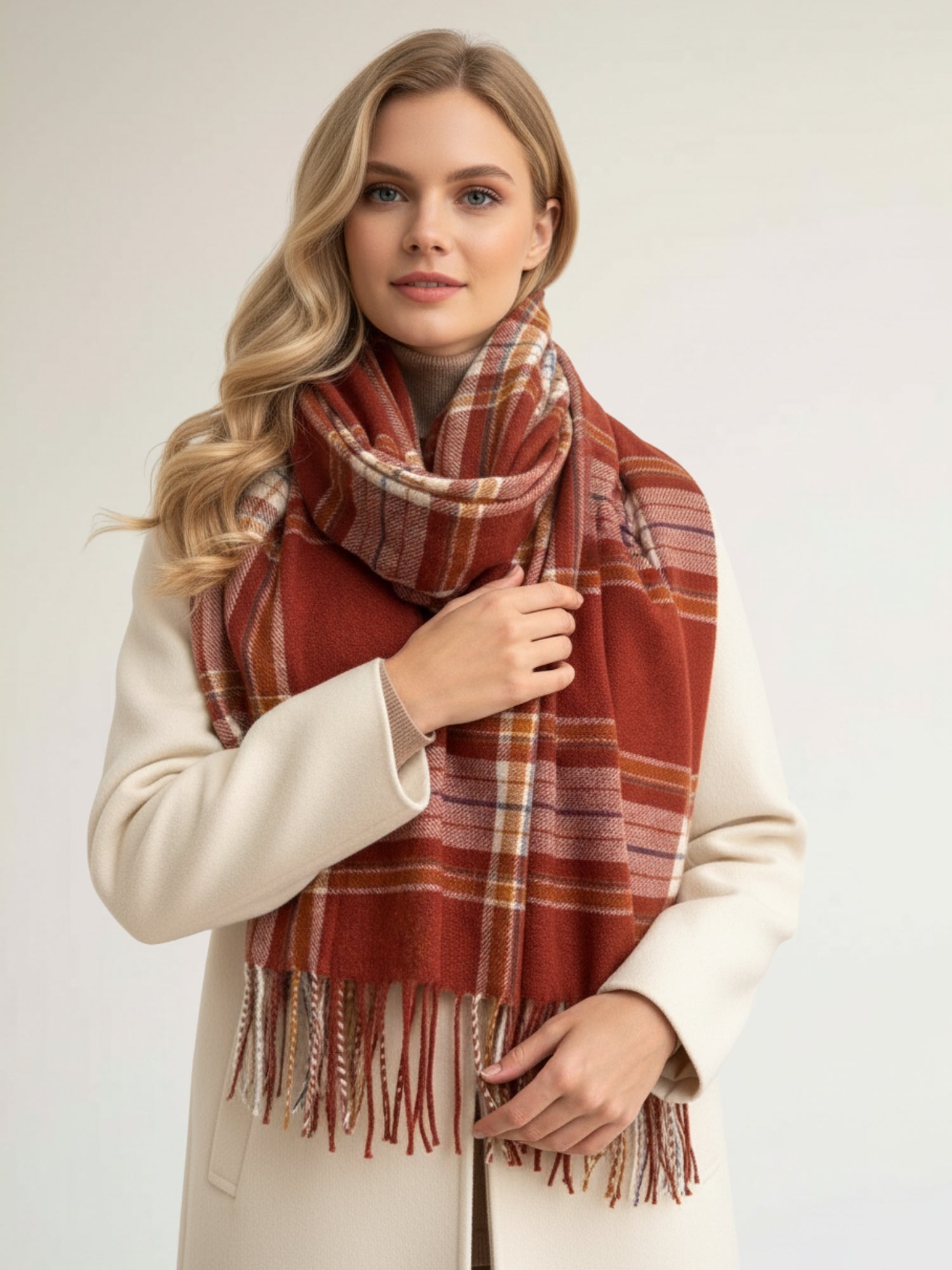 LONG RUST CASHMERE BLEND CHECKED TARTAN SCARF