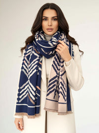 LARGE NAVY BLUE RETRO PRINT REVERSIBLE WOOL WINTER SHAWL BLANKET SCARF