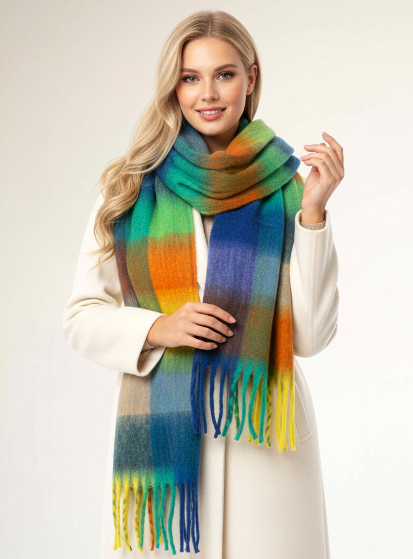 BLUE YELLOW CHECKED WOOL RAINBOW BLANKET SCARF OVERSIZED WINTER SHAWL WRAP