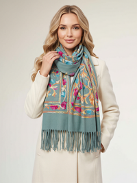 LARGE PASTEL GREEN FLOWER PRINT CASHMERE COTTON BLEND WINTER SHAWL BLANKET SCARF