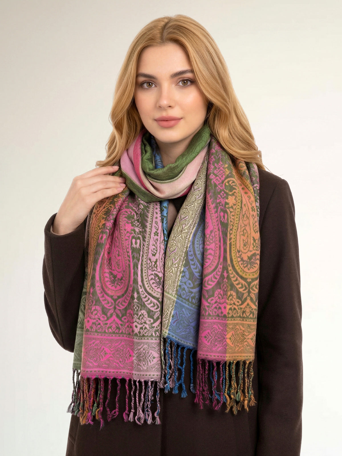 LARGE GREEN RAINBOW MULTI COLOUR PAISLEY PRINT PASHMINA SHAWL SCARF - A-SHU.CO.UK