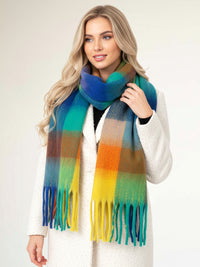 BLUE YELLOW CHECKED WOOL RAINBOW BLANKET SCARF OVERSIZED WINTER SHAWL WRAP