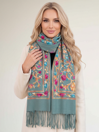 LARGE PASTEL GREEN FLOWER PRINT CASHMERE COTTON BLEND WINTER SHAWL BLANKET SCARF