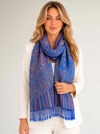 LARGE ROYAL BLUE MULTI COLOUR PAISLEY PASHMINA SHAWL SCARF WRAP - A-SHU.CO.UK