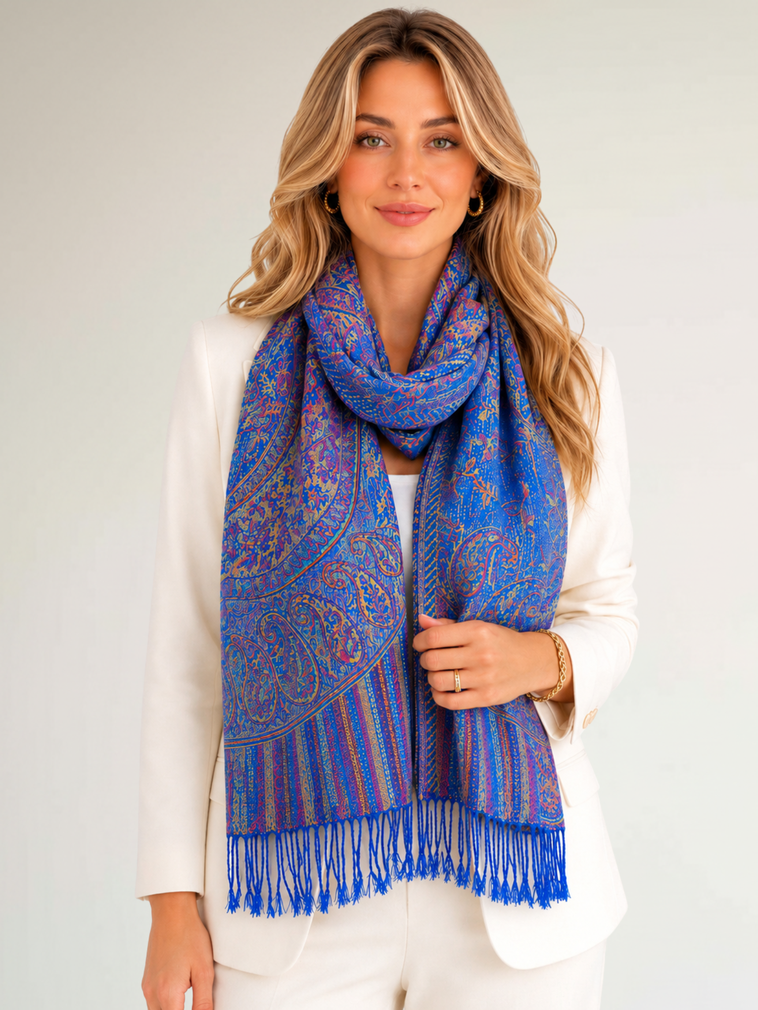LARGE ROYAL BLUE MULTI COLOUR PAISLEY PASHMINA SHAWL SCARF WRAP - A-SHU.CO.UK