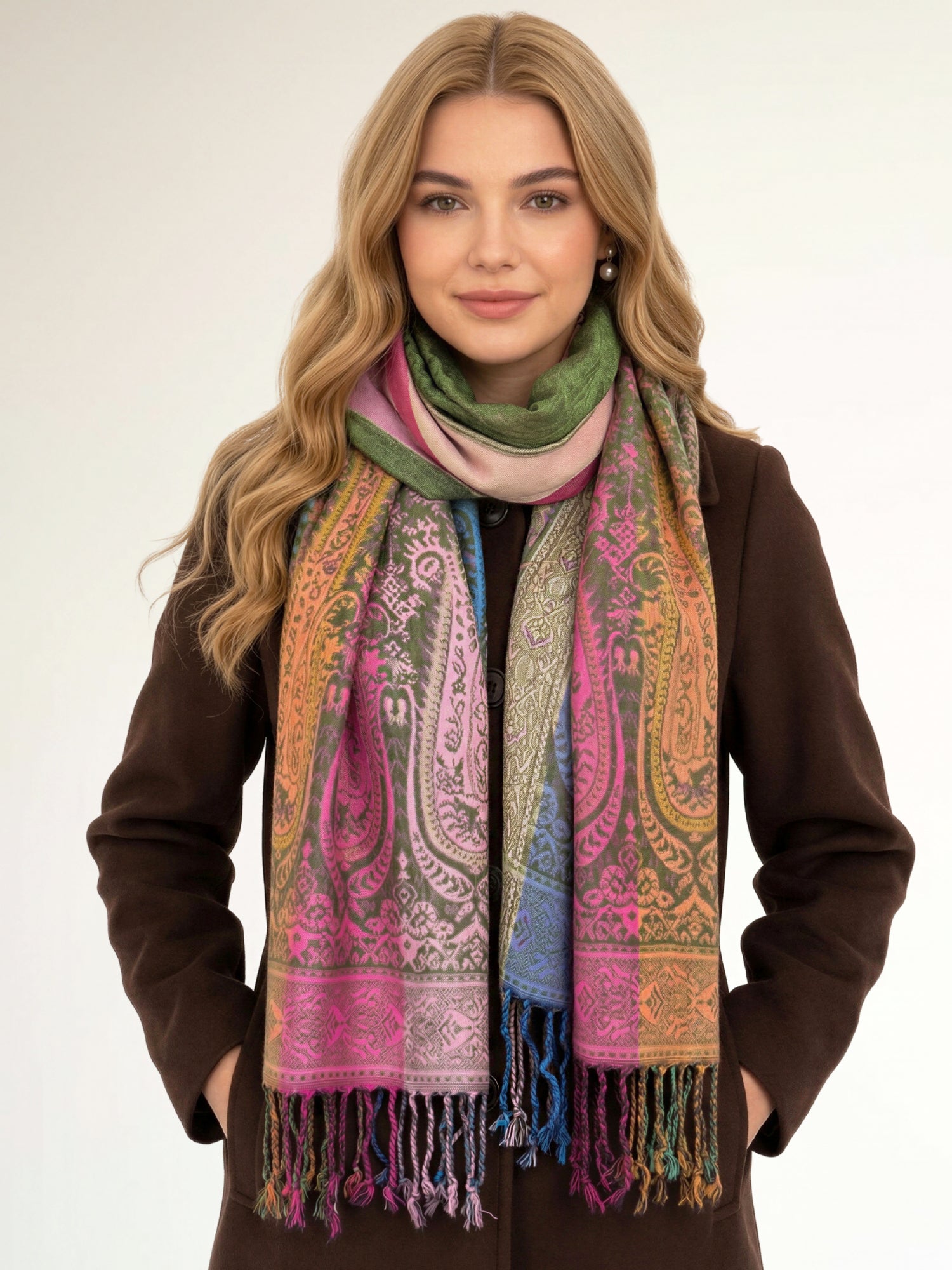 LARGE GREEN RAINBOW MULTI COLOUR PAISLEY PRINT PASHMINA SHAWL SCARF - A-SHU.CO.UK