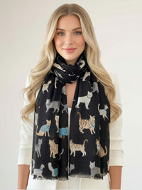 LIGHTWEIGHT BLACK SCARF WITH CATS - A-SHU.CO.UK