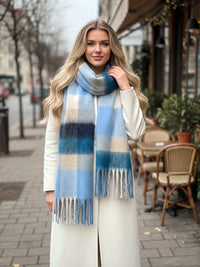 BABY BLUE CHECKED WOOL RAINBOW BLANKET SCARF OVERSIZED WINTER SHAWL WRAP