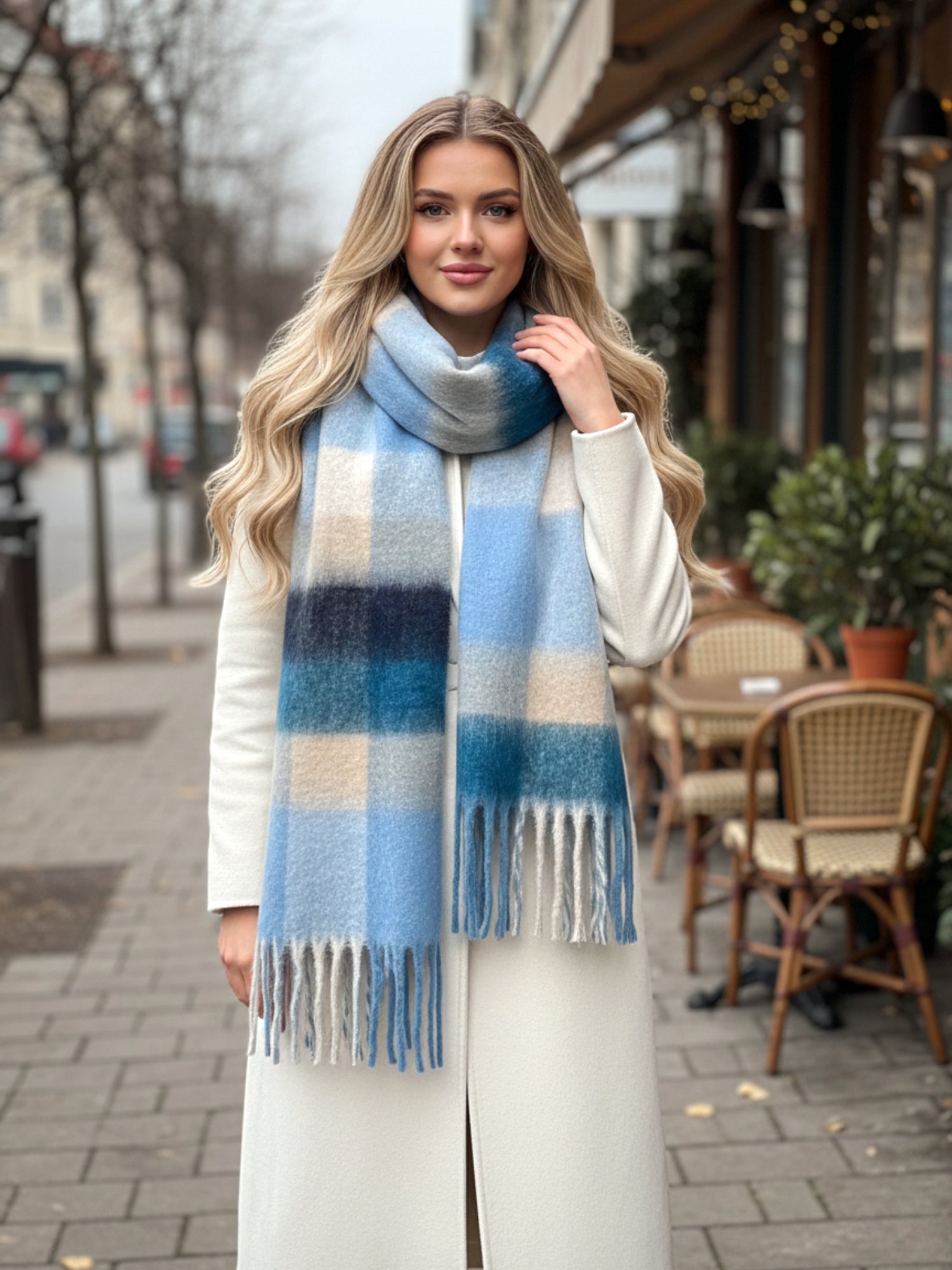 BABY BLUE CHECKED WOOL RAINBOW BLANKET SCARF OVERSIZED WINTER SHAWL WRAP