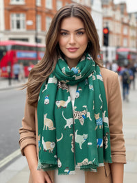 LIGHTWEIGHT GREEN SCARF WITH CATS - A-SHU.CO.UK