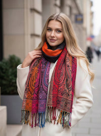 LARGE BLACK RAINBOW MULTI COLOUR PAISLEY PRINT PASHMINA SHAWL SCARF - A-SHU.CO.UK