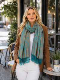 LARGE TEAL MULTI COLOUR PAISLEY PASHMINA SHAWL SCARF WRAP - A-SHU.CO.UK