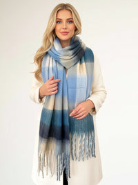 BABY BLUE CHECKED WOOL RAINBOW BLANKET SCARF OVERSIZED WINTER SHAWL WRAP