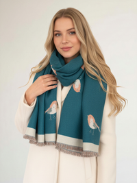 LARGE TEAL ROBIN REVERSIBLE WINTER SHAWL BLANKET SCARF