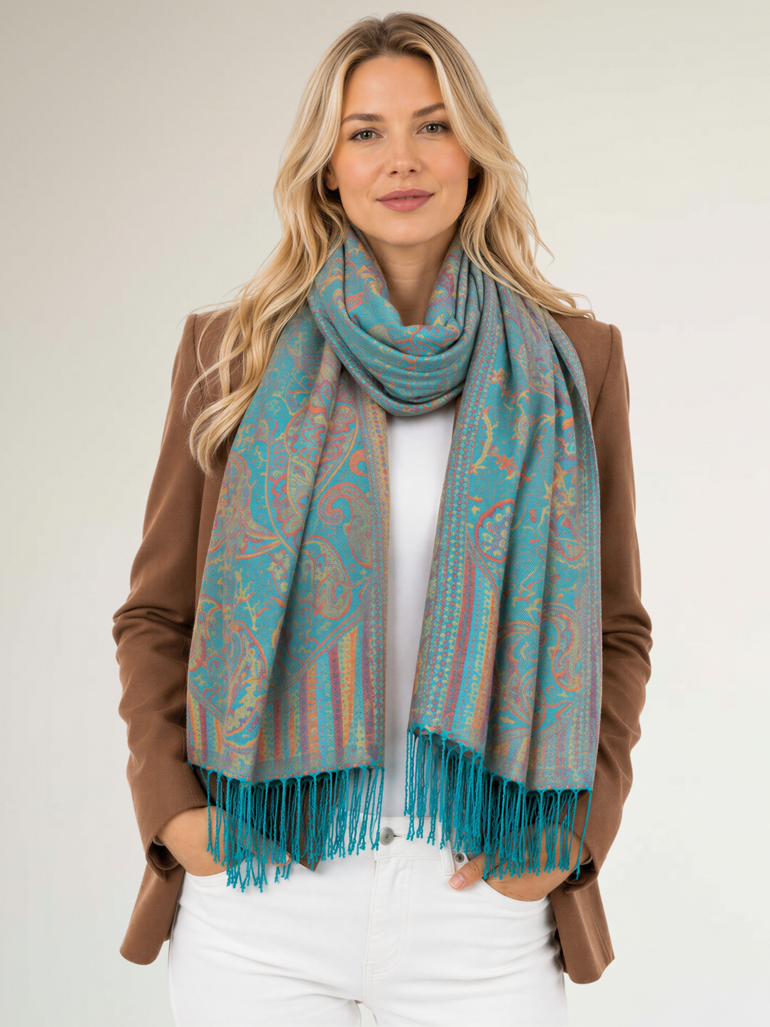 LARGE TEAL MULTI COLOUR PAISLEY PASHMINA SHAWL SCARF WRAP - A-SHU.CO.UK