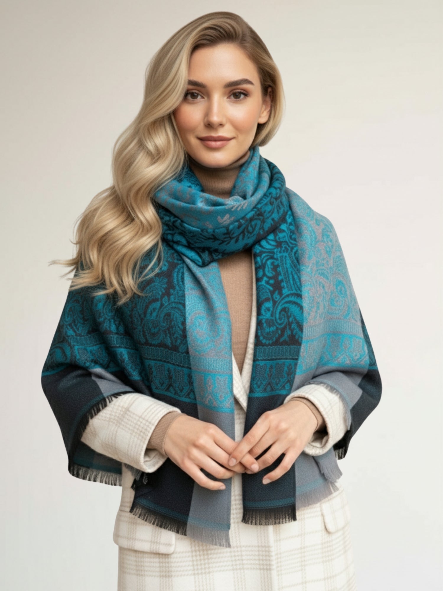 LARGE REVERSIBLE PAISLEY PRINT PASHMINA SHAWL SCARF WRAP - TURQUOISE