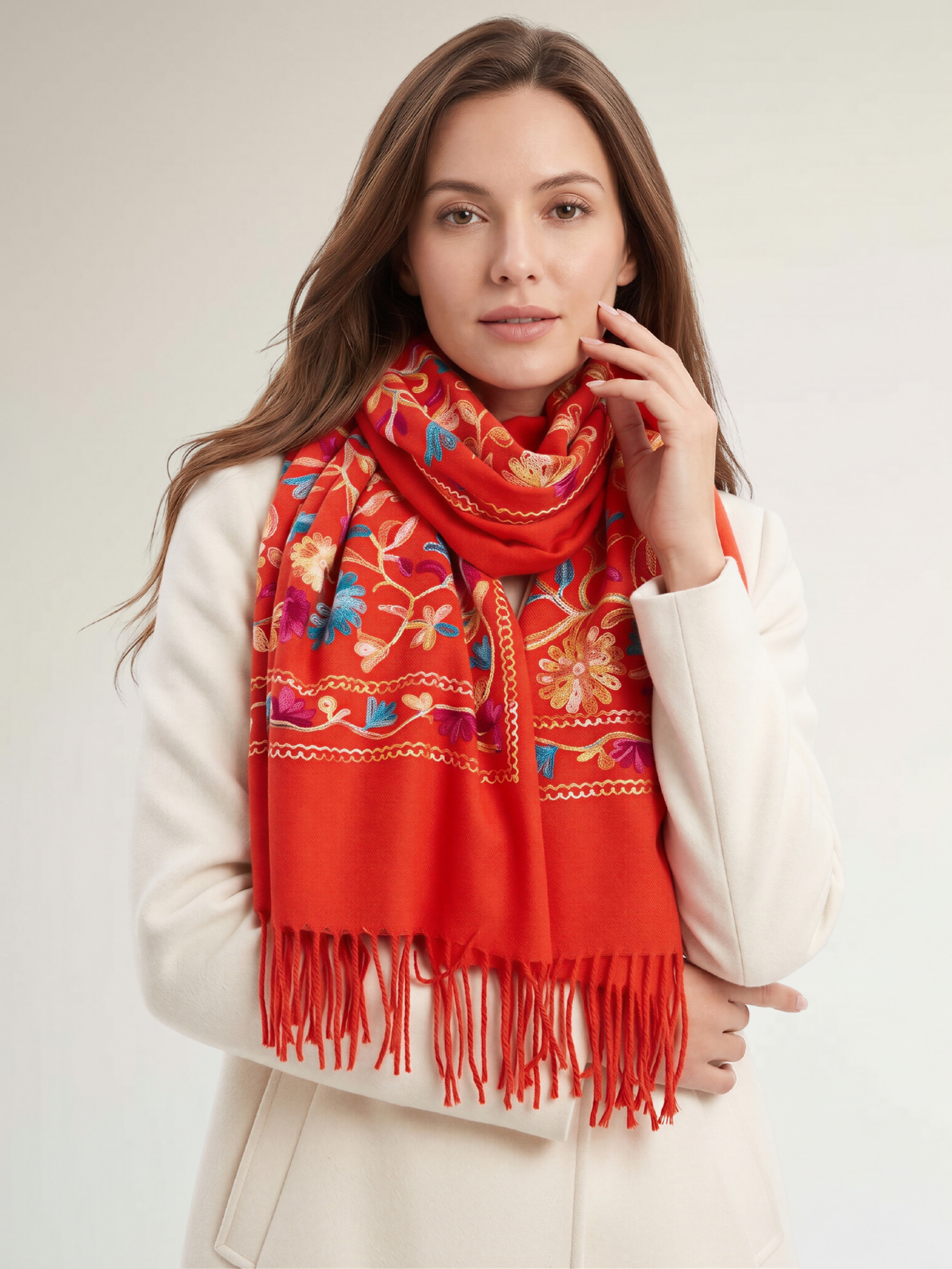 LARGE ORANGE FLOWER PRINT CASHMERE COTTON BLEND WINTER SHAWL BLANKET SCARF