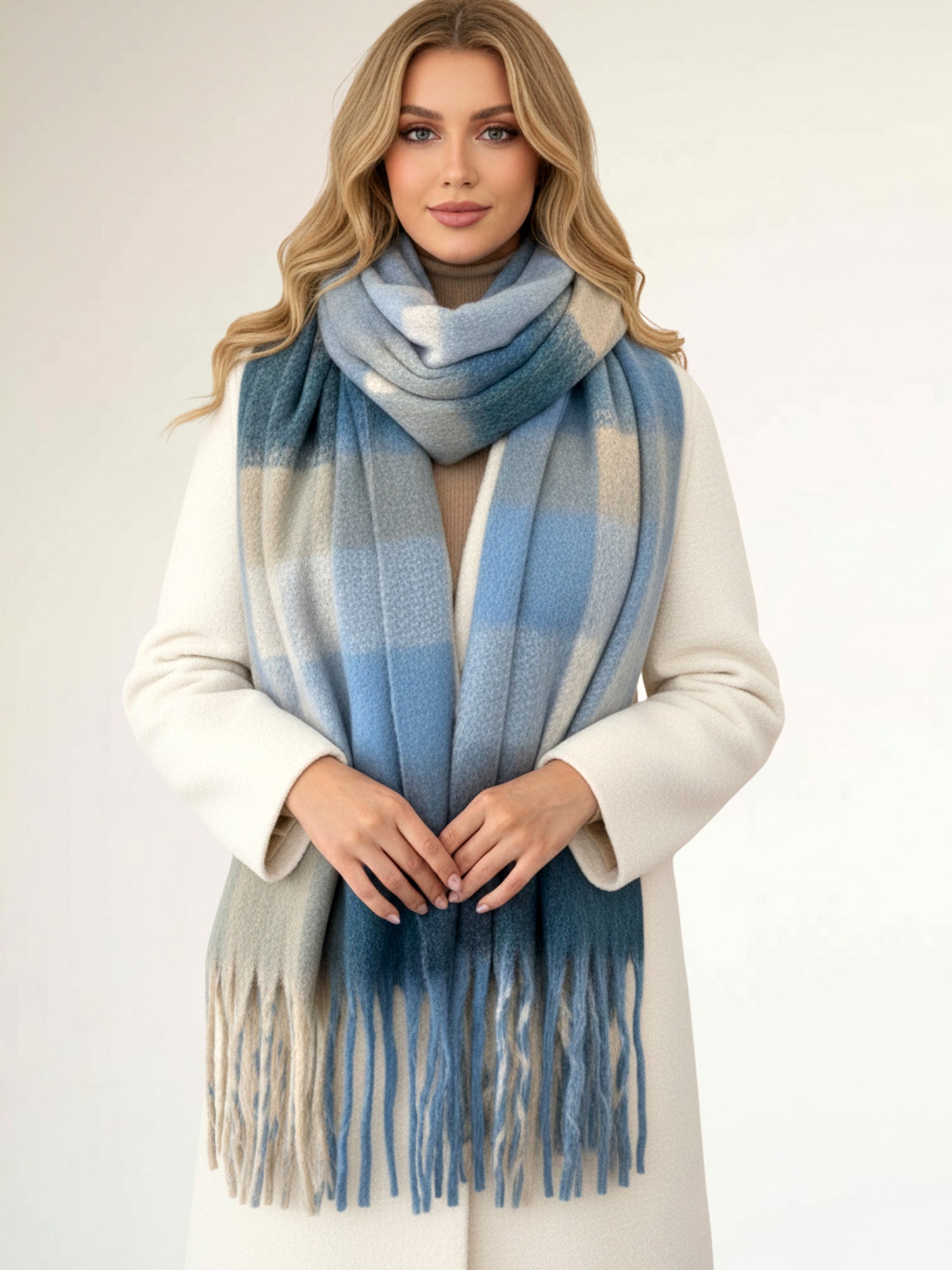 BABY BLUE CHECKED WOOL RAINBOW BLANKET SCARF OVERSIZED WINTER SHAWL WRAP