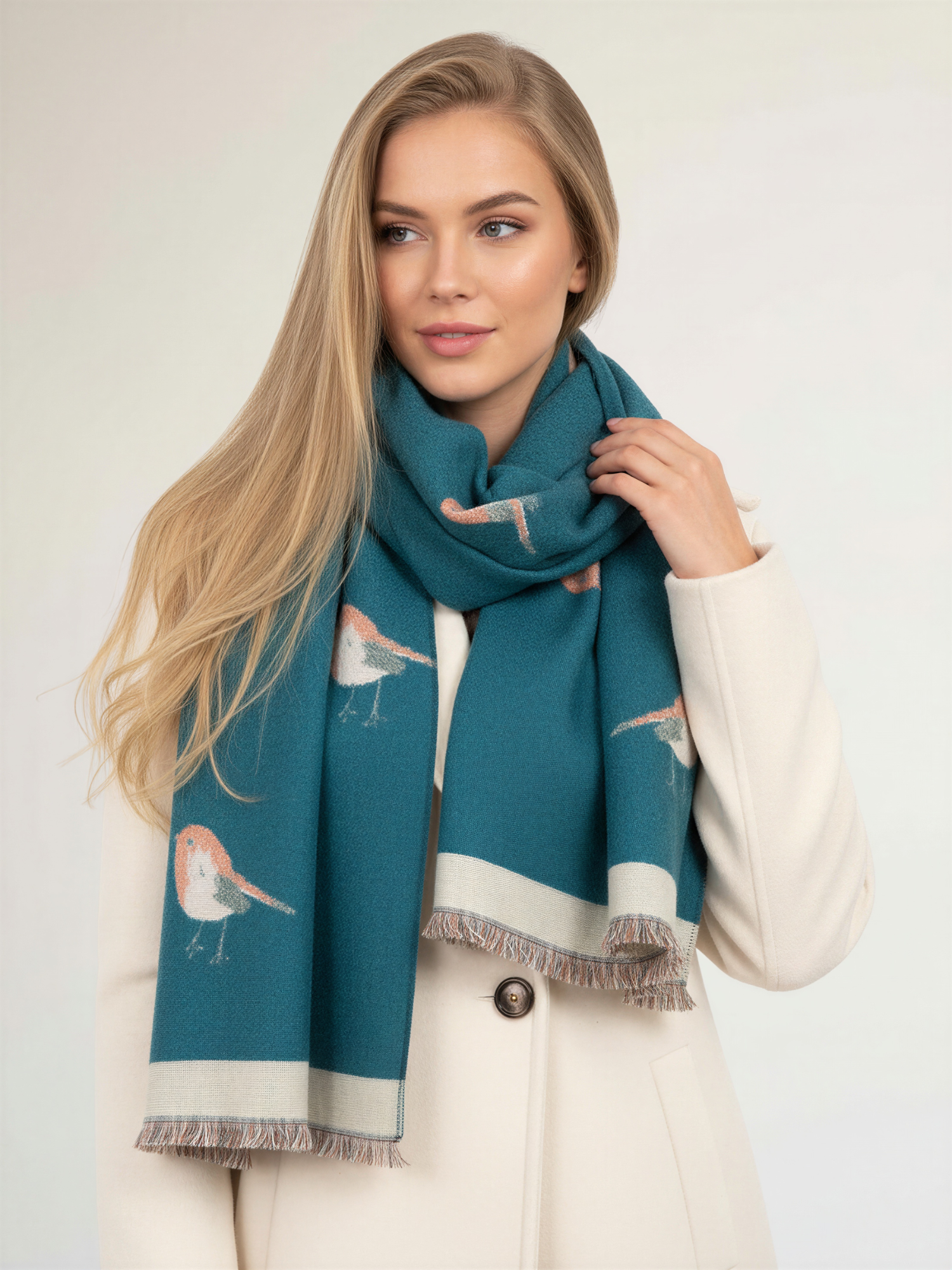 LARGE TEAL ROBIN REVERSIBLE WINTER SHAWL BLANKET SCARF