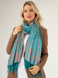 LARGE TEAL MULTI COLOUR PAISLEY PASHMINA SHAWL SCARF WRAP - A-SHU.CO.UK