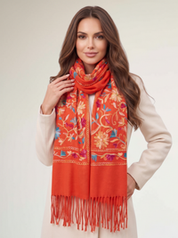 LARGE ORANGE FLOWER PRINT CASHMERE COTTON BLEND WINTER SHAWL BLANKET SCARF