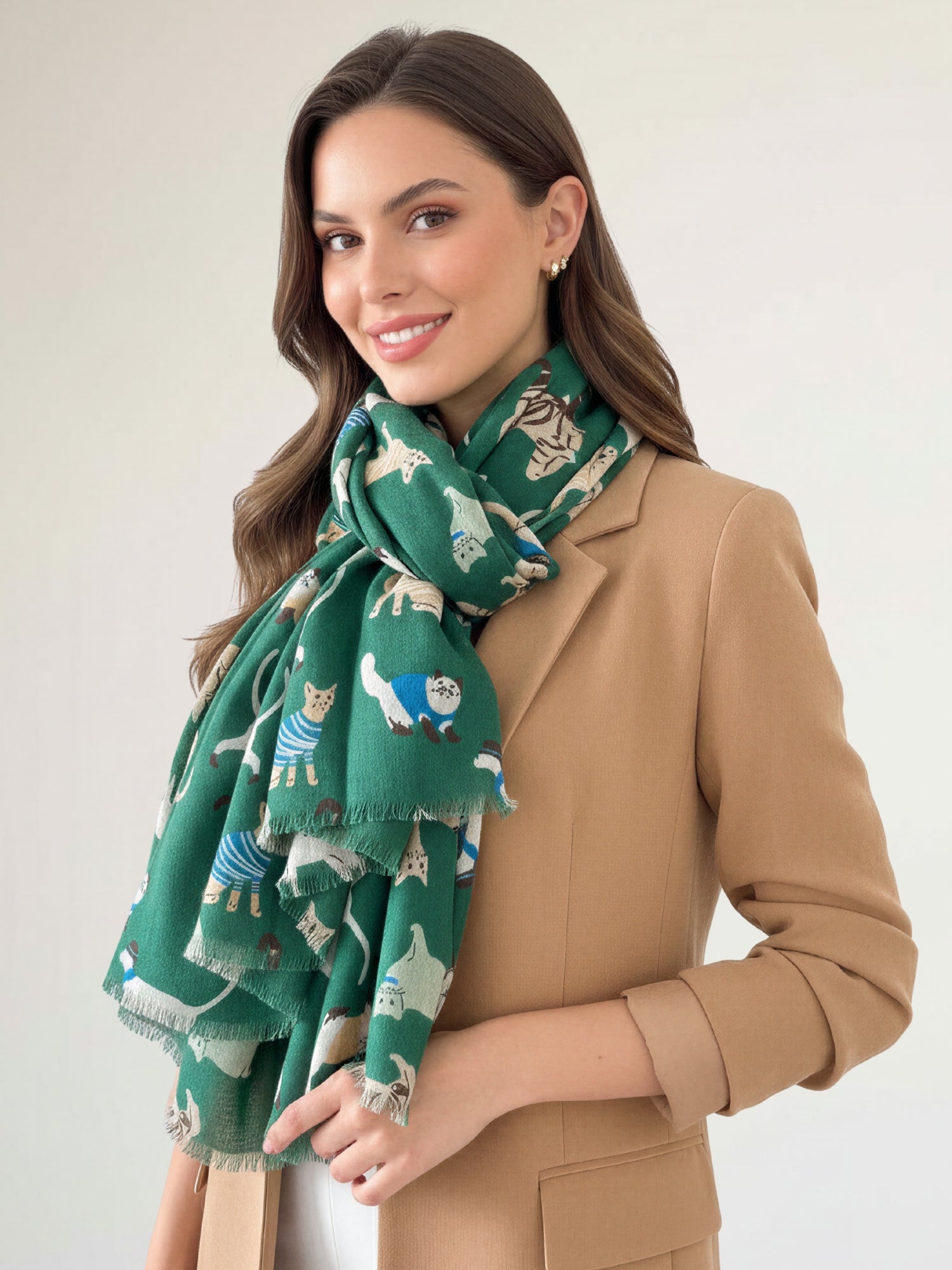 LIGHTWEIGHT GREEN SCARF WITH CATS - A-SHU.CO.UK