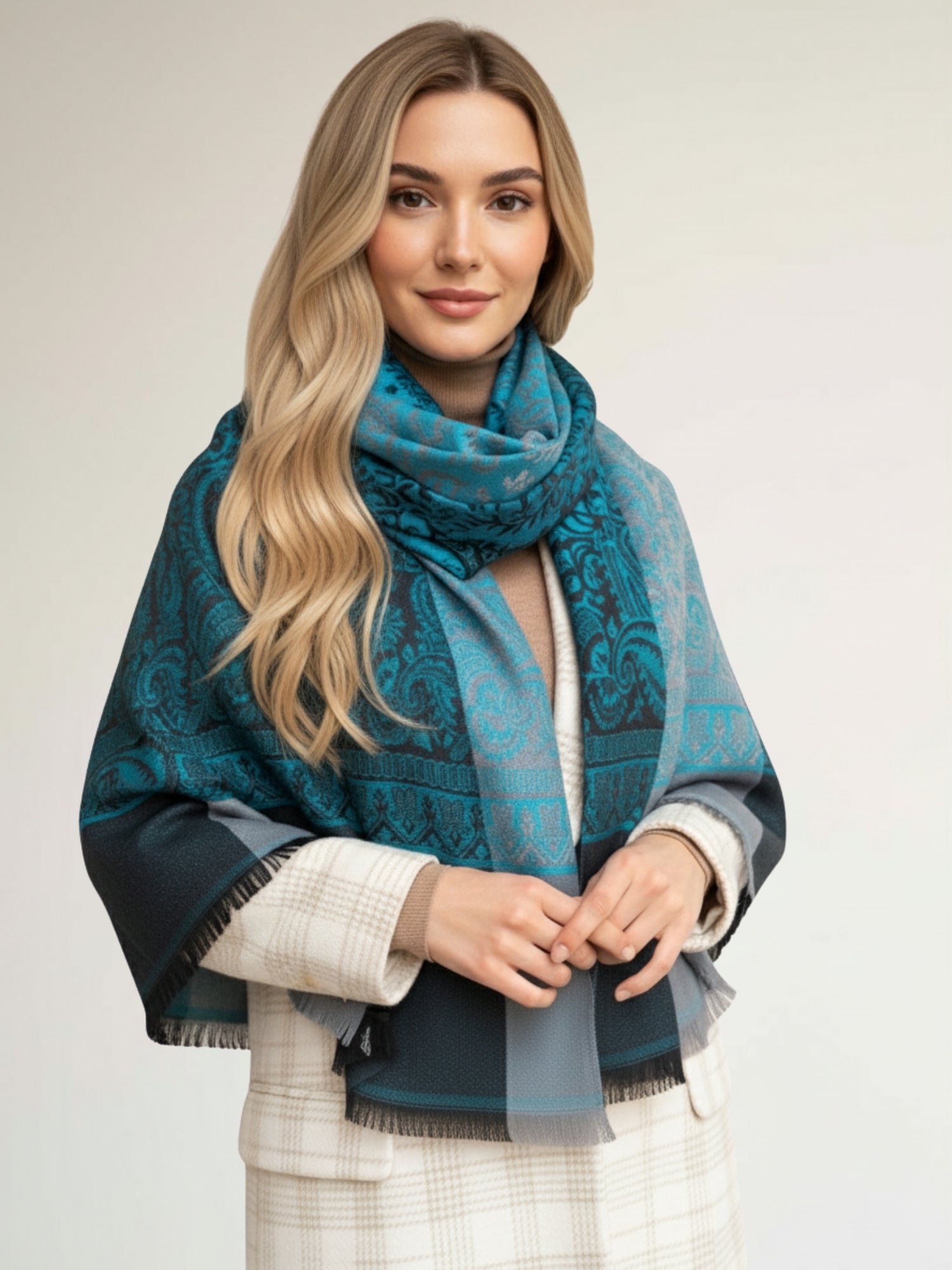 LARGE REVERSIBLE PAISLEY PRINT PASHMINA SHAWL SCARF WRAP - TURQUOISE