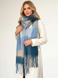 BABY BLUE CHECKED WOOL RAINBOW BLANKET SCARF OVERSIZED WINTER SHAWL WRAP