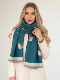 LARGE TEAL ROBIN REVERSIBLE WINTER SHAWL BLANKET SCARF