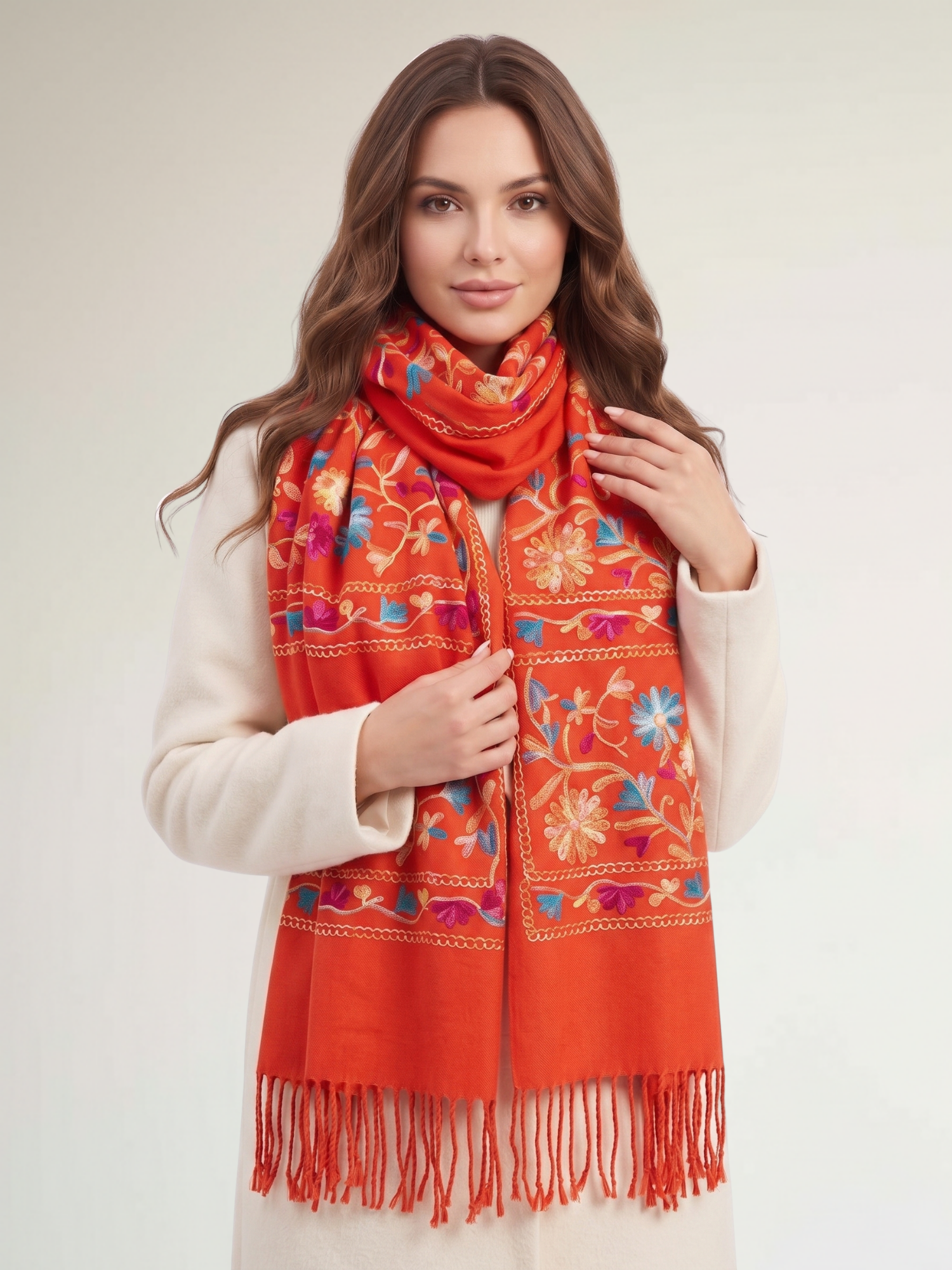 LARGE ORANGE FLOWER PRINT CASHMERE COTTON BLEND WINTER SHAWL BLANKET SCARF
