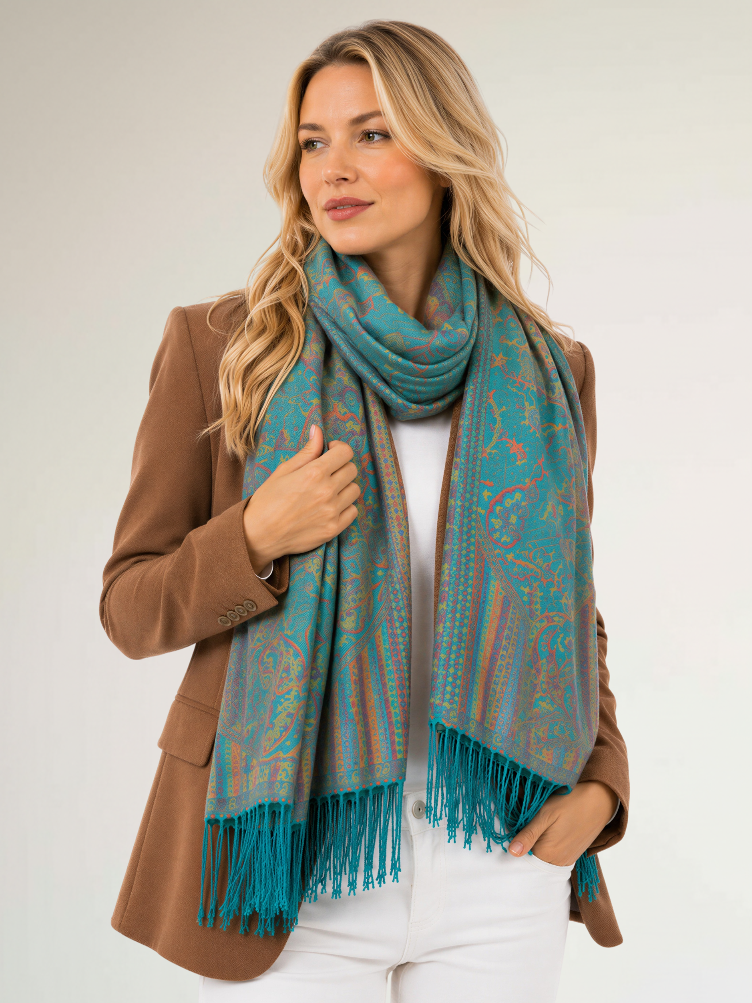 LARGE TEAL MULTI COLOUR PAISLEY PASHMINA SHAWL SCARF WRAP - A-SHU.CO.UK