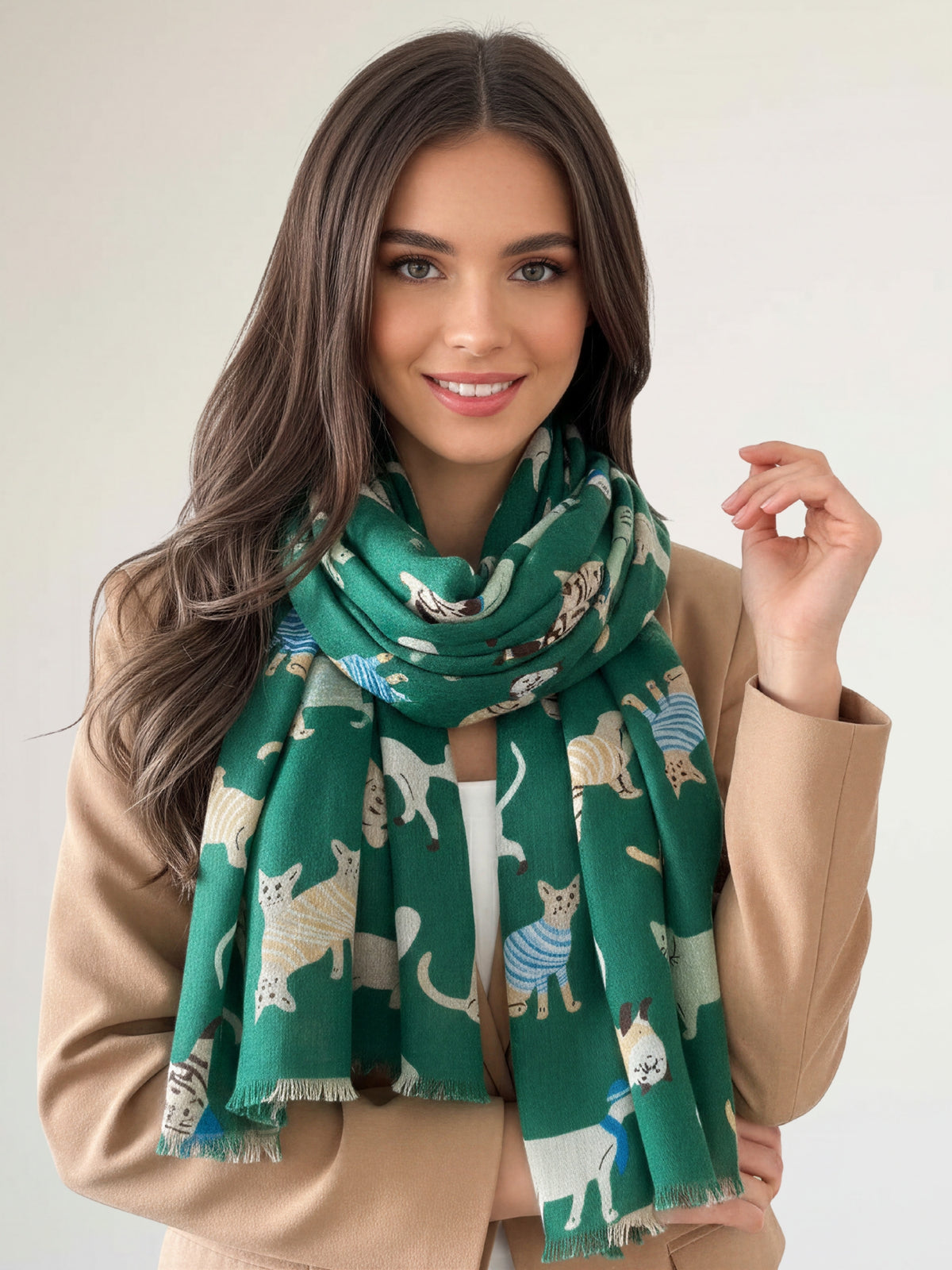 LIGHTWEIGHT GREEN SCARF WITH CATS - A-SHU.CO.UK