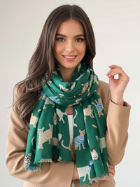 LIGHTWEIGHT GREEN SCARF WITH CATS - A-SHU.CO.UK