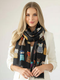 BLACK COTTON BLEND CAT PRINT LIGHTWEIGHT SCARF