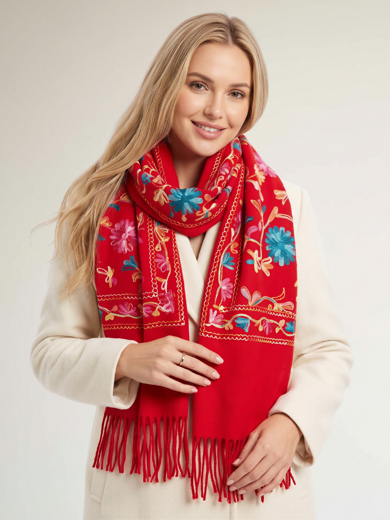 LARGE RED FLOWER PRINT CASHMERE COTTON BLEND WINTER SHAWL BLANKET SCARF