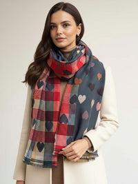LARGE CHECKED HEART PRINT REVERSIBLE WINTER SHAWL BLANKET SCARF - DENIM